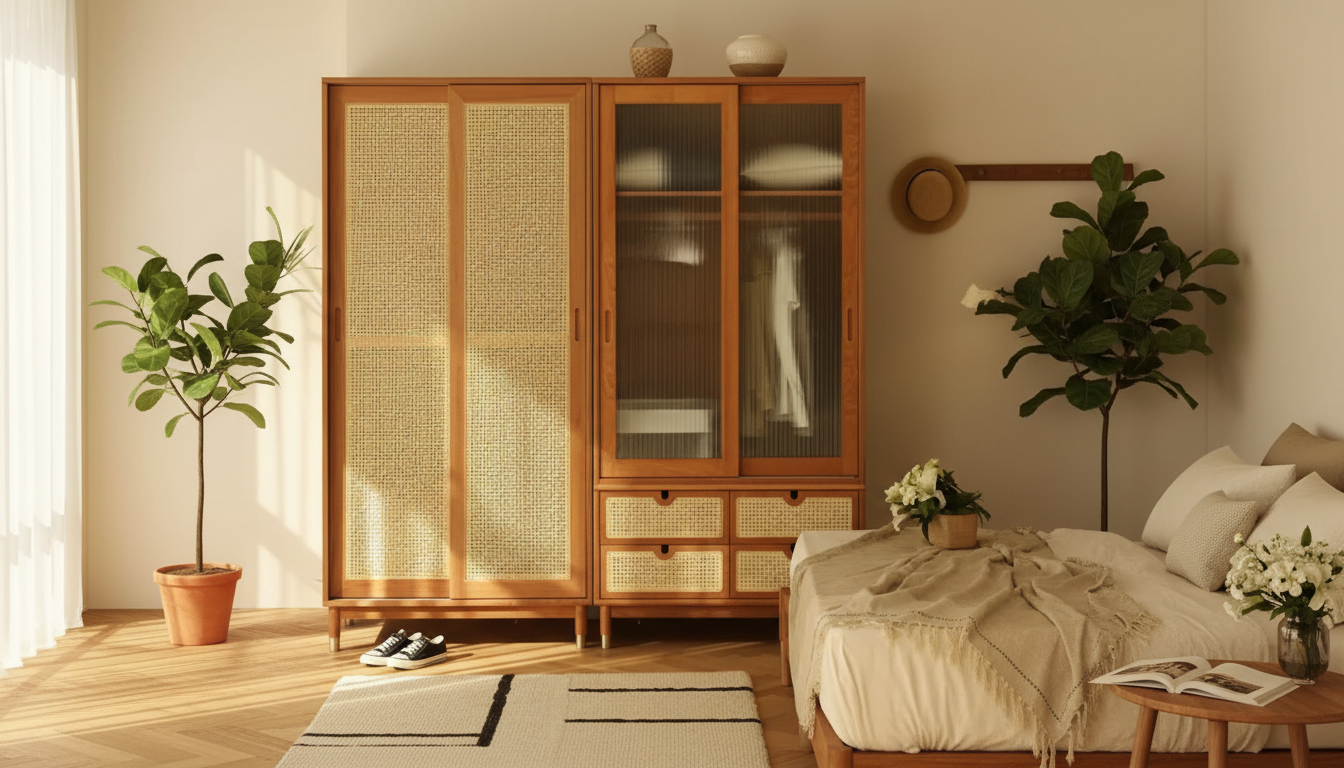 Ash Wood Wardrobe with Artistic Glass Sliding Doors