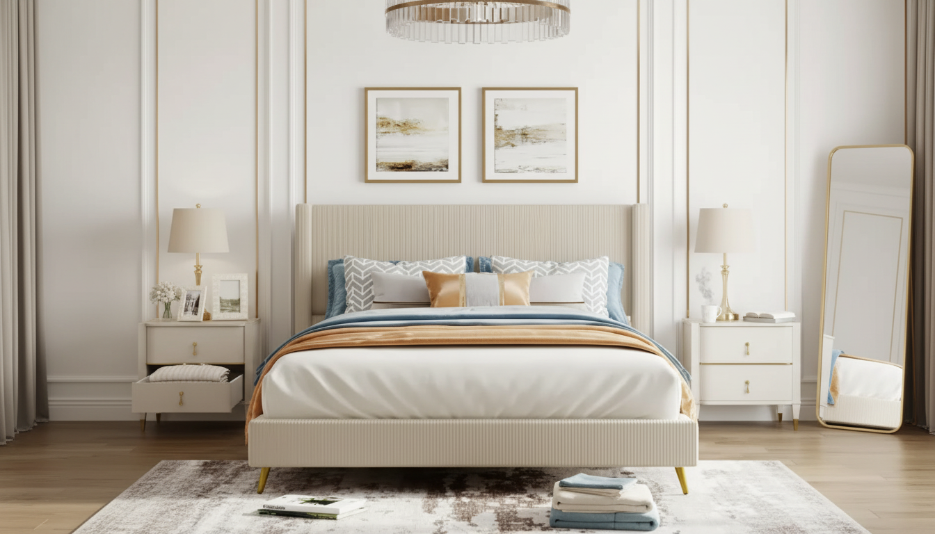 Corduroy Queen Platform Bed: Metal-Leg Support & Style