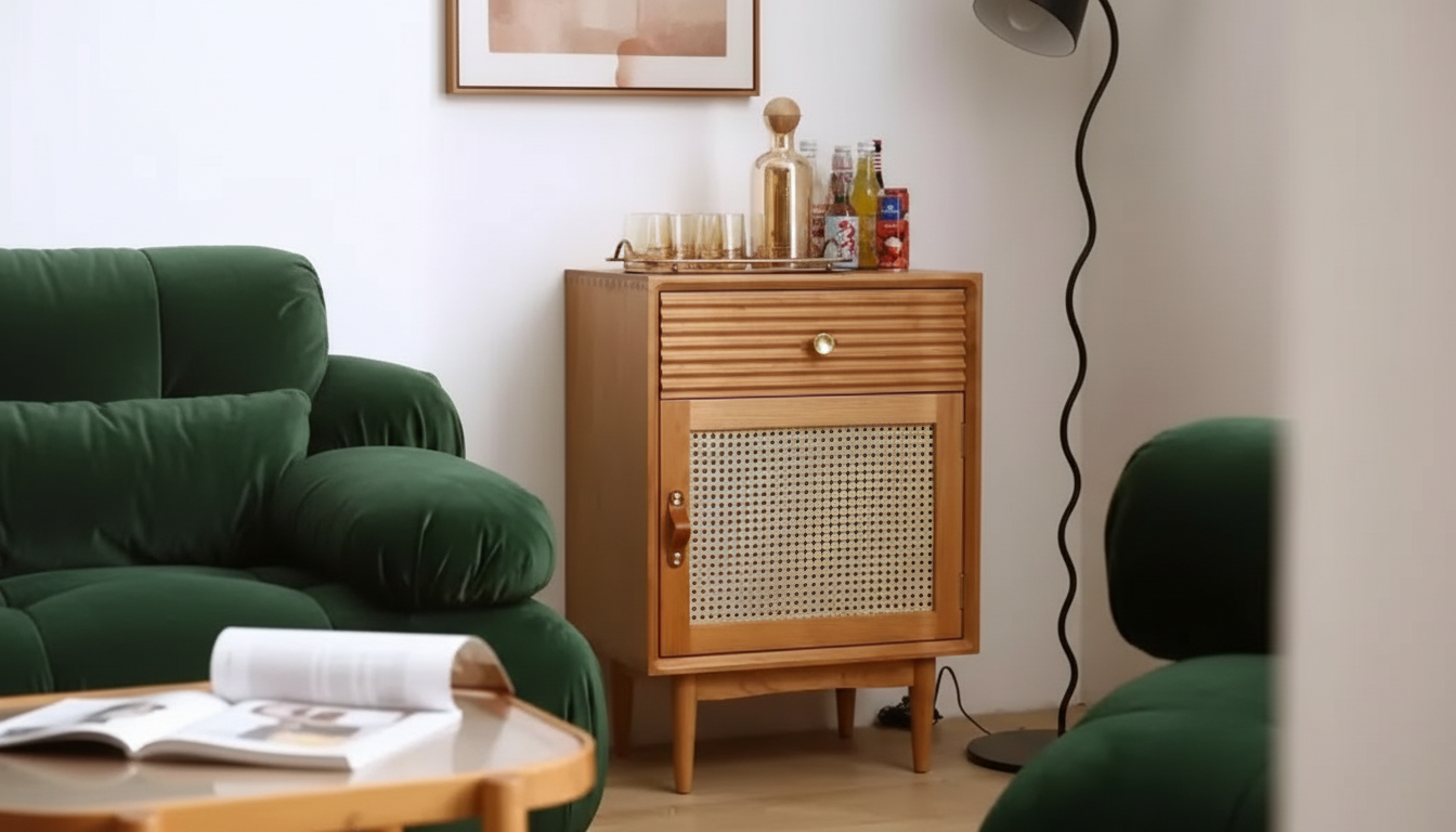 Solid Wood Rattan Nightstand: Modern Moroccan Style
