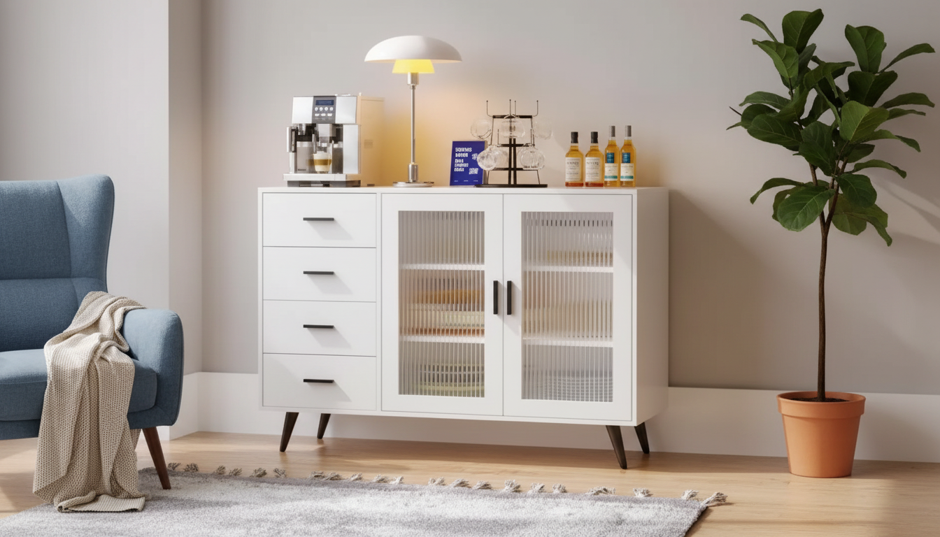 White Sideboard Buffet with Glass Doors & Adjustable Shelves